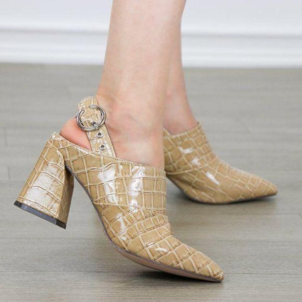 Nude Pointy Toe Faux Croc Print Ankle Boots - Picture 4 of 8